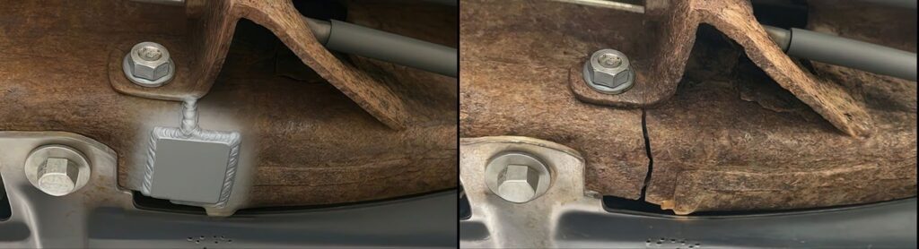 welded patch repair on rusted truck frame