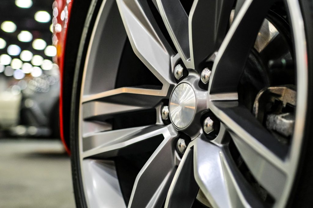 Closeup of alloy wheel on modern car