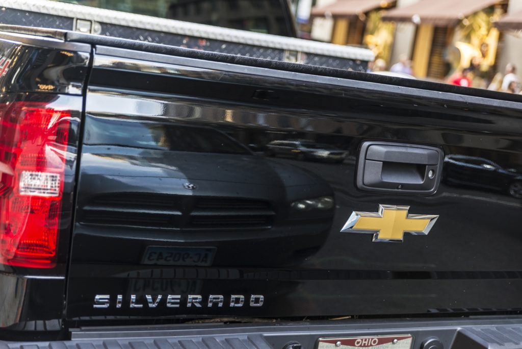 Chevrolet Silverado emblem at the back of a truck