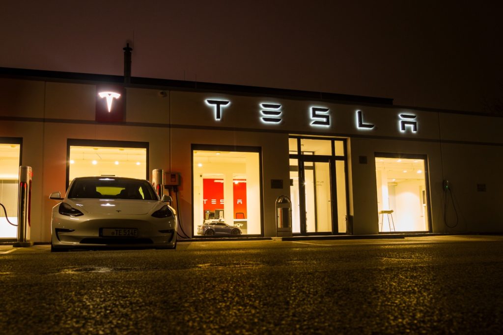 Tesla office photographed at night