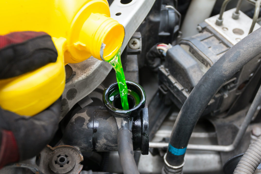 pouring coolant into the radiator