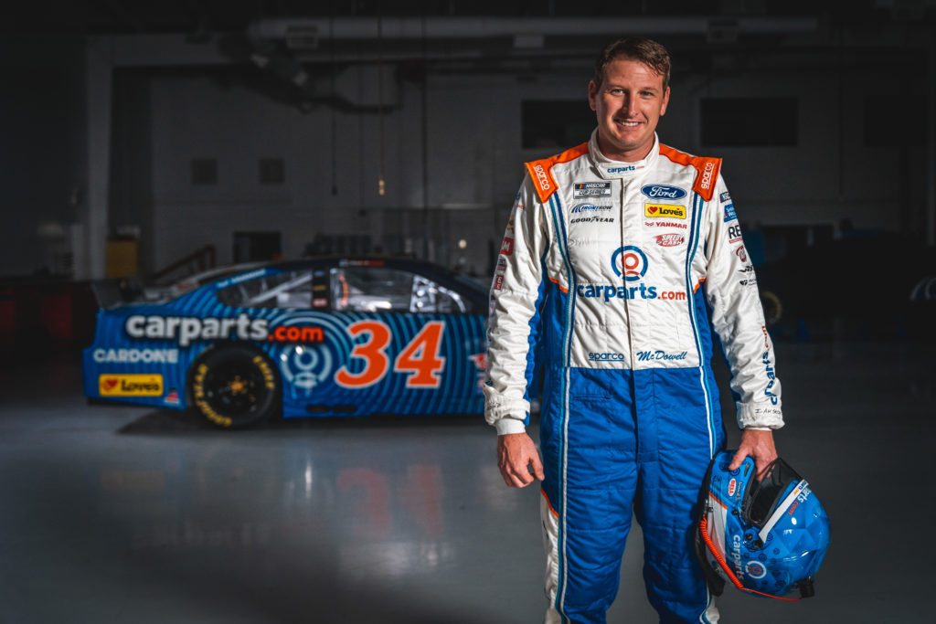 Michael McDowell and No. 34 CarParts.com Ford Mustang with CARDONE for Aug 29 race