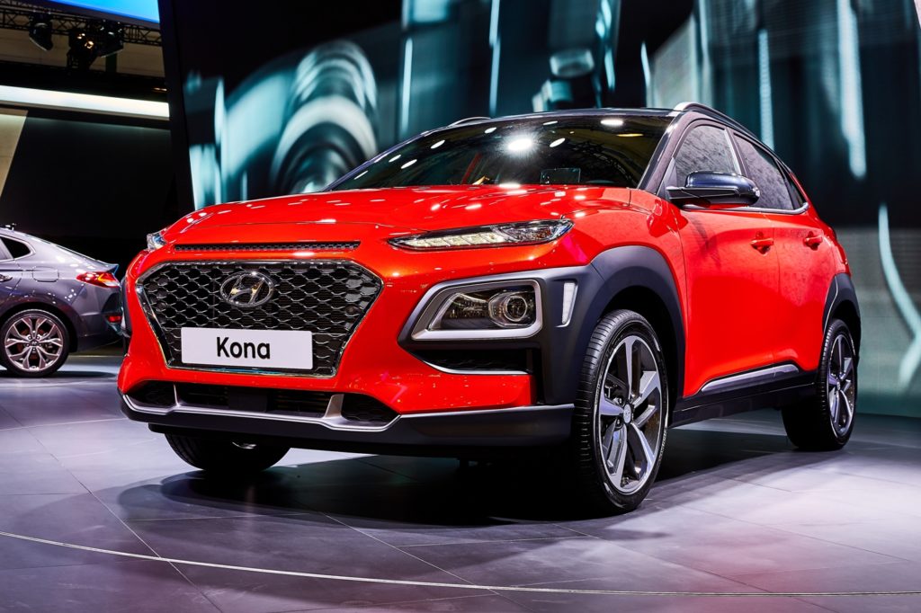red hyundai kona on display