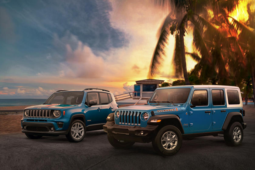 jeep islander editions parked by the beach