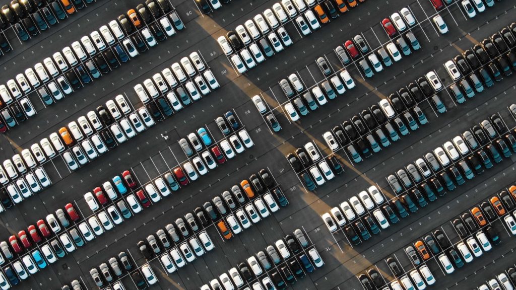 Aerial view of the parked new cars