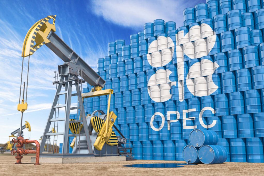 oil pump jack and oil barrels with opec logo imprinted