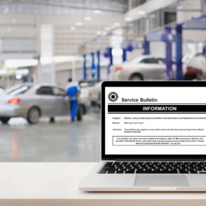 laptop showing service bulletin with a car repair shop in the background