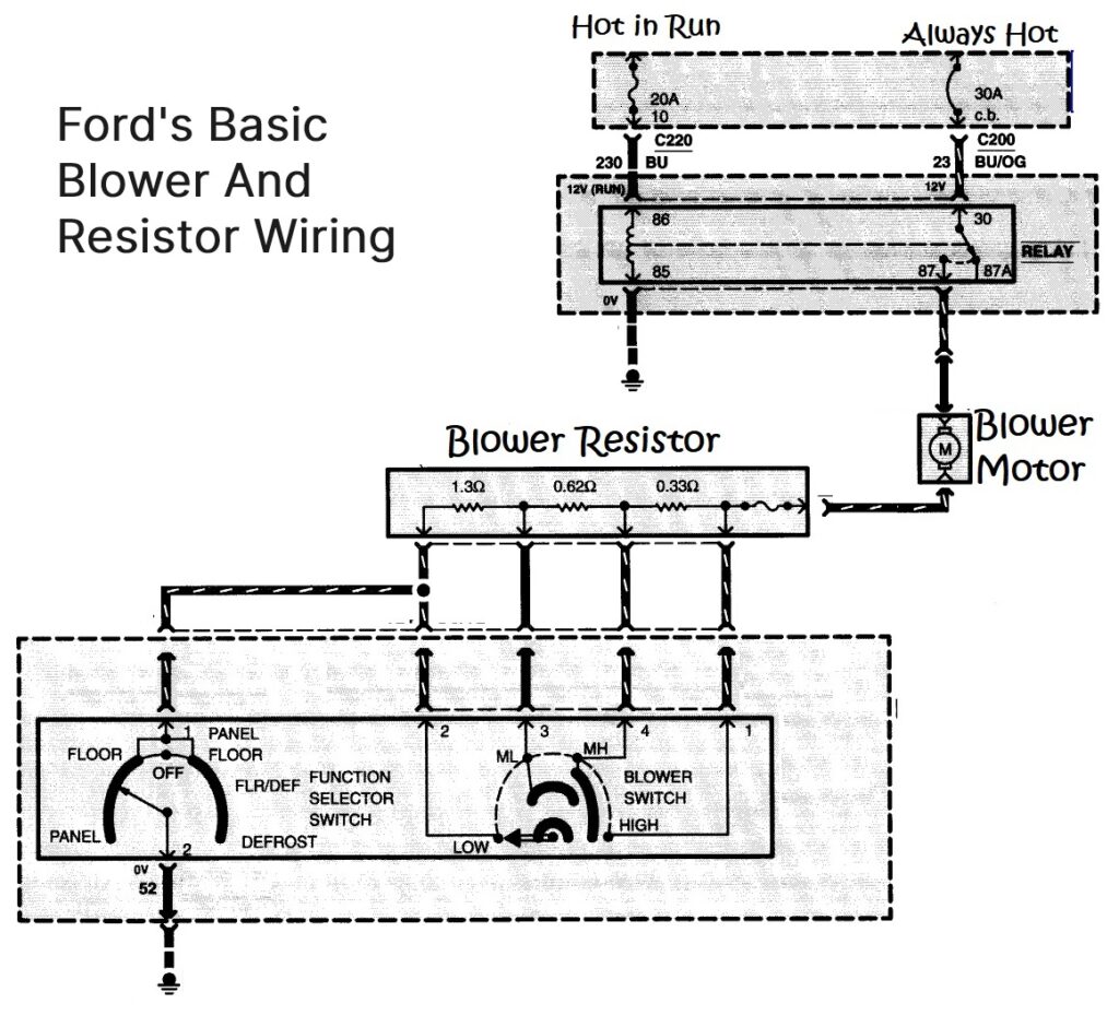 diagram of blower motor resistors wired on the ground side of the motor circuit