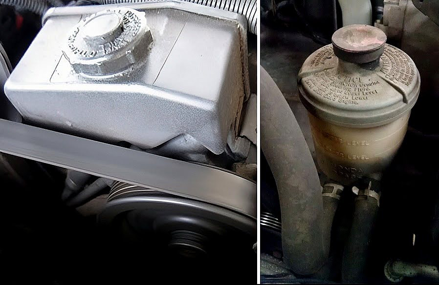 power steering reservoir on the pump and remotely mounted reservoir