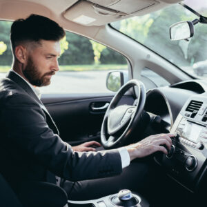 man playing music through satellite radio receiver