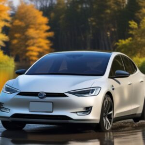 ev car driving through a shallow water