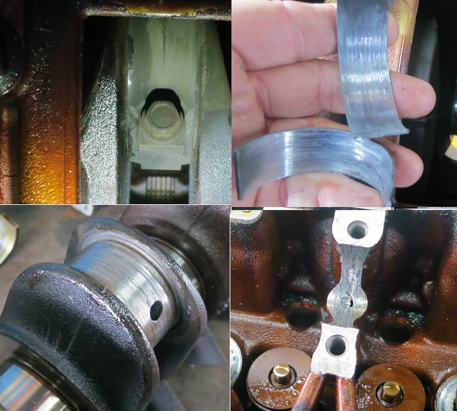 photo of engine burned out the rod because a piece of rebar knocked a hole in the oil pan
