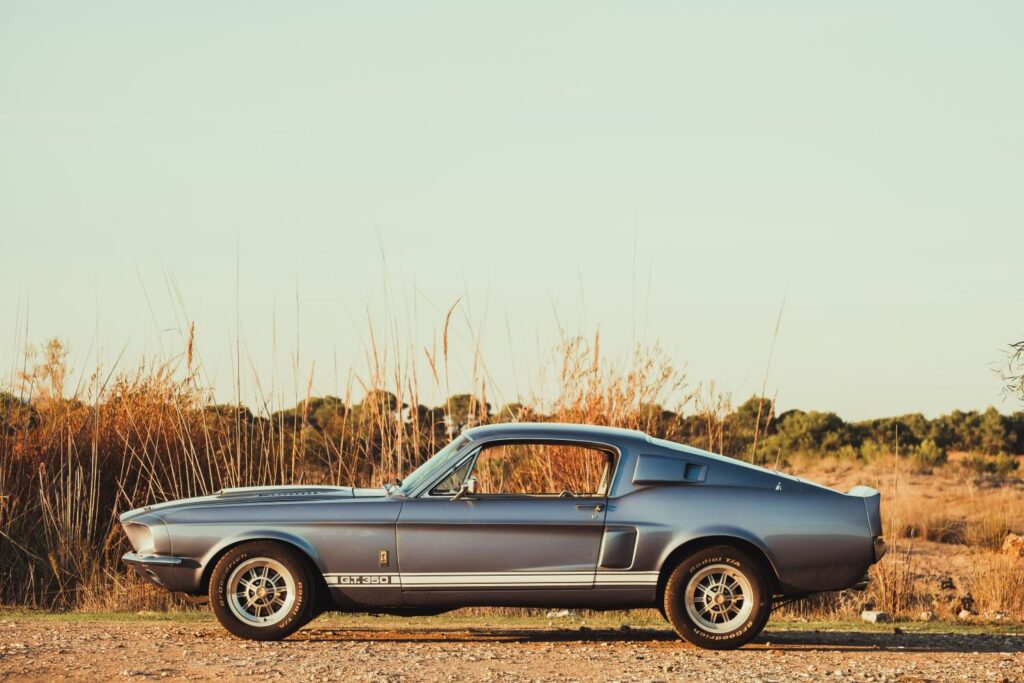 classic ford mustang in the countryside