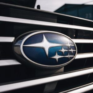 close up shot of a subaru logo