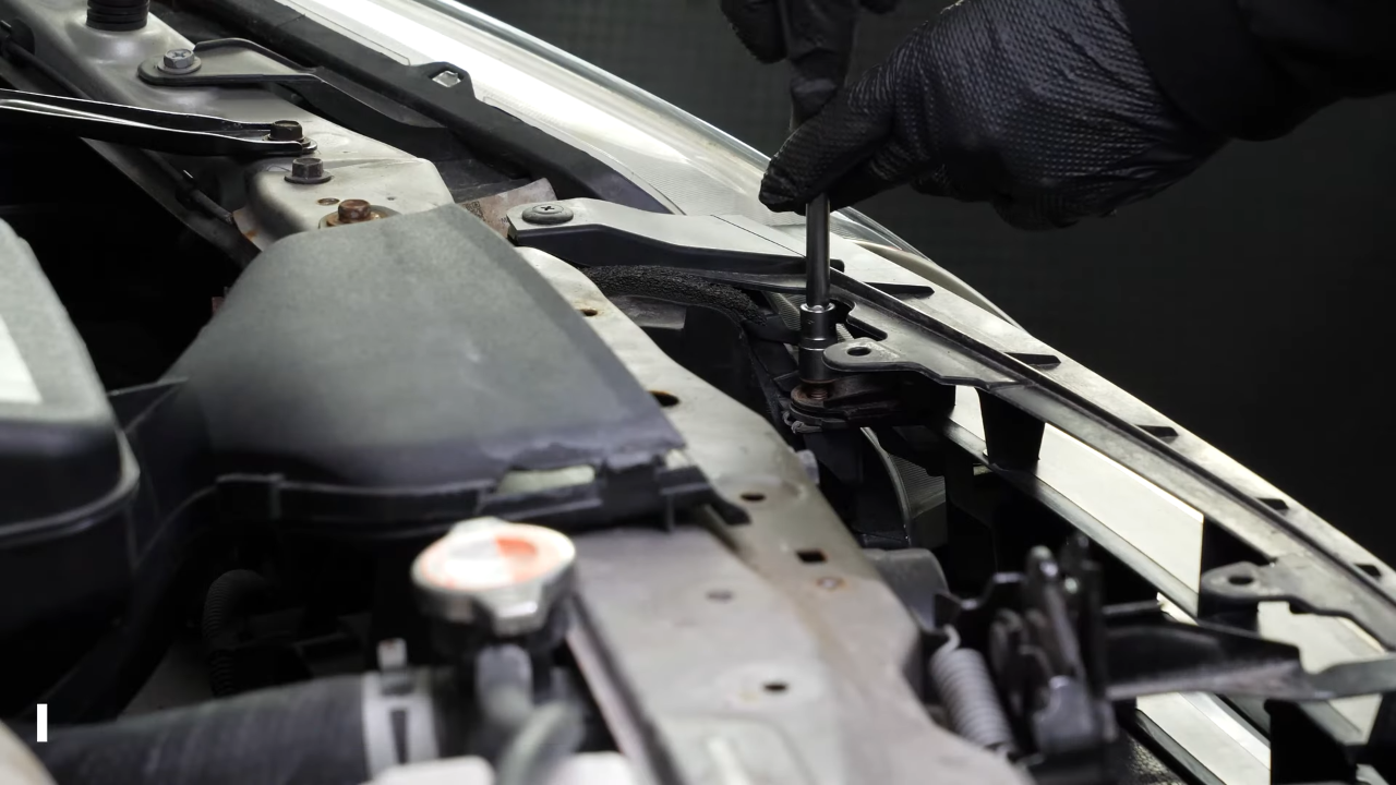 Unscrew the screw from the engine compartment
