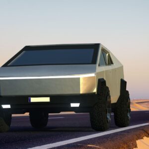 tesla cybertruck on a desert road