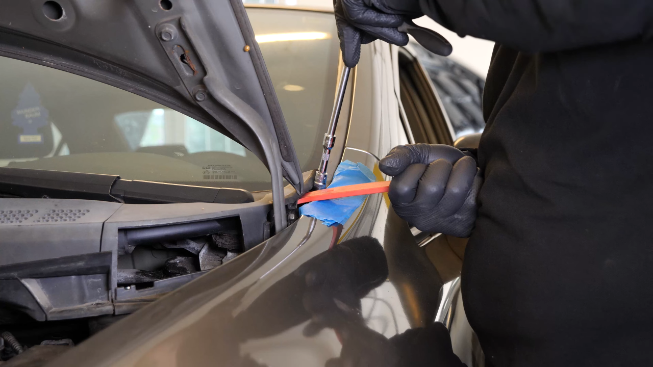 Remove the bolts along the hood