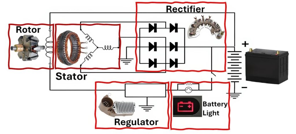 diagram showing rotor stator rectifier regulator and battery light