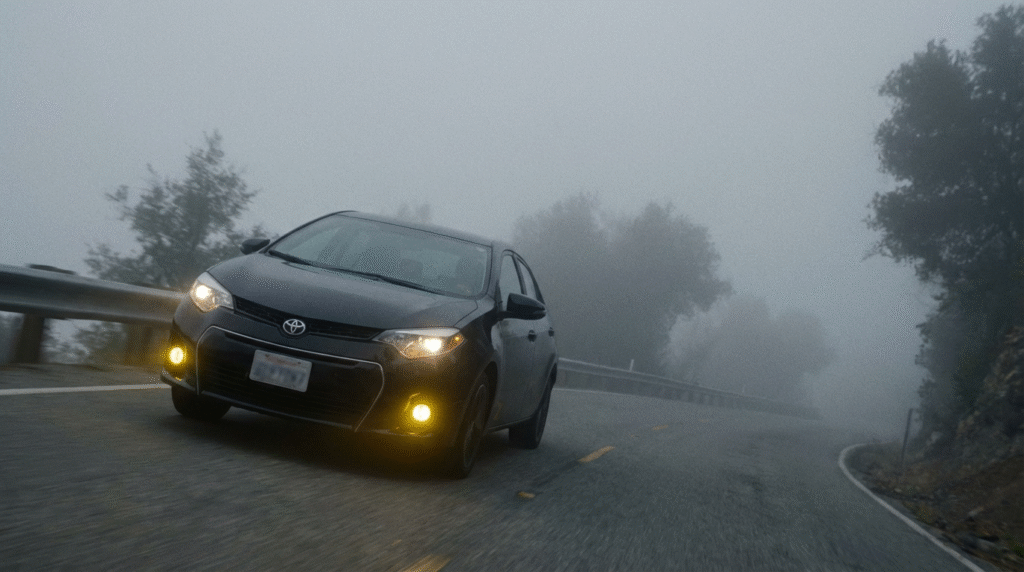 car driving with fog lights on