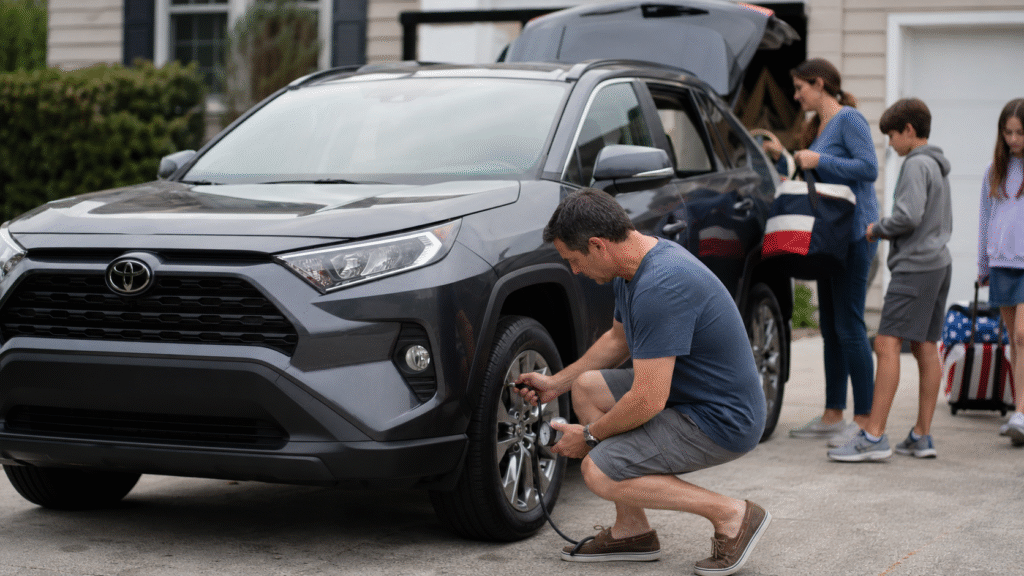 dad checking tire pressure before memorial day trip