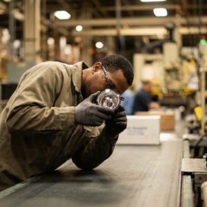 inspecting fog lights in a factory