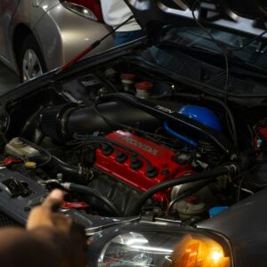 Open hood showing a vehicle engine