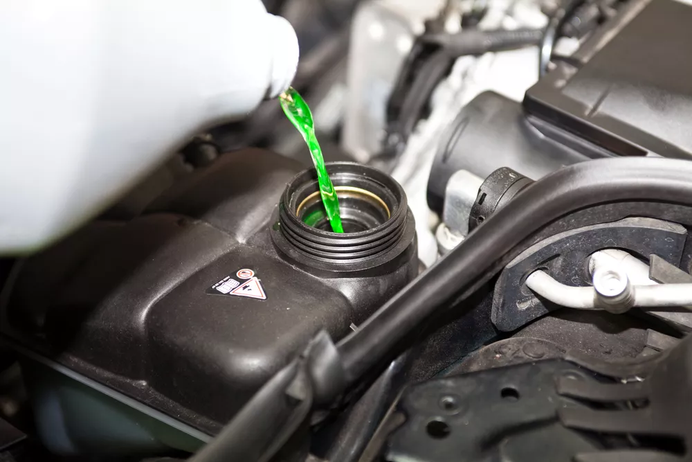 pouring green coolant into the engine
