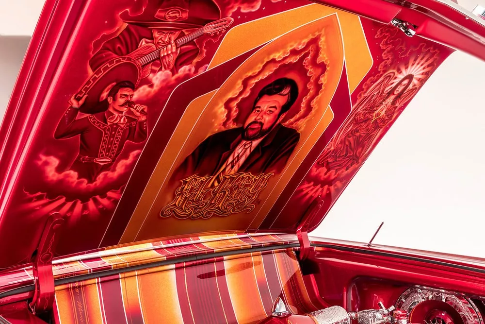 The murals under El Rey's hood. Photo courtesy of the Petersen Automotive Museum.