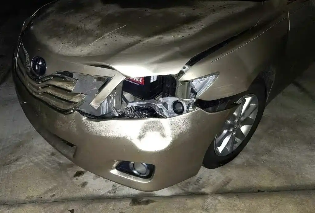 toyota camry deer collision hood headlight damage