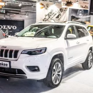 white jeep cherokee on display