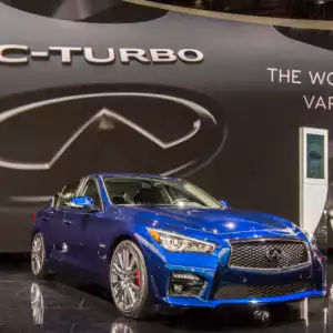 blue infiniti q50 on display