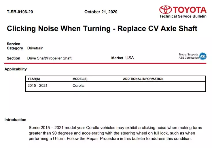 sample tsb for a toyota corolla