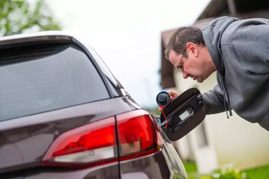 man taking a look at his car fuel tank