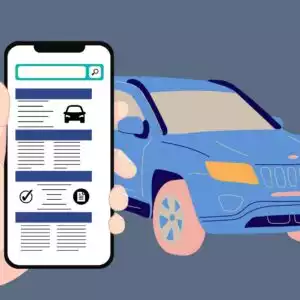 illustration of a hand holding a phone with a car on the background