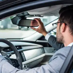 man adjusting rear view mirror that feel off