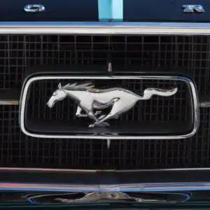 close up shot of a ford mustang emblem