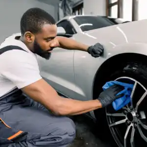 man cleaning tire car detailing