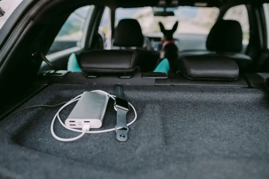 power bank and smart watch inside a car