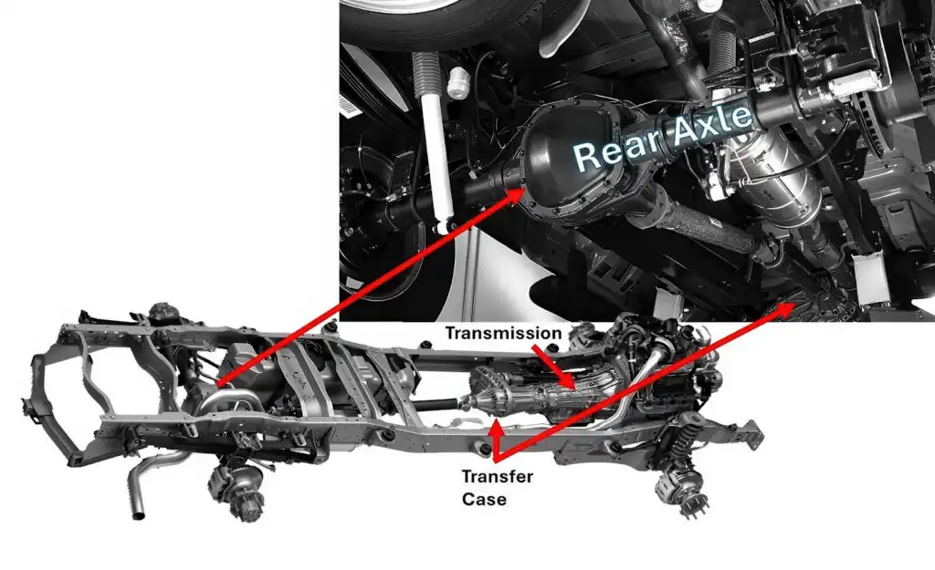 four wheel drive truck frame with rear axle